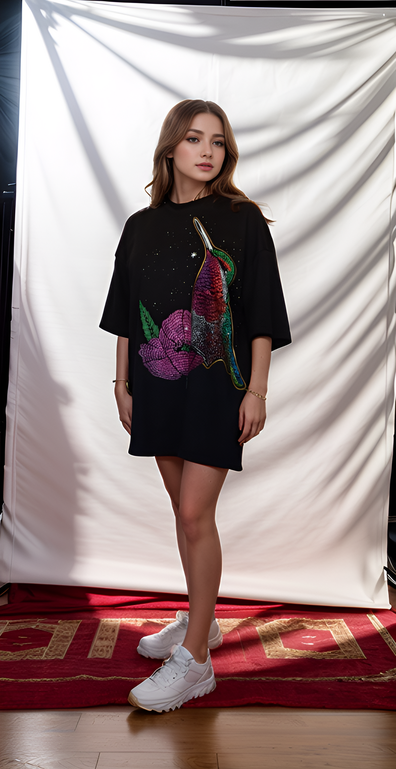 Blusa Vestido Negro Colibrí Flor